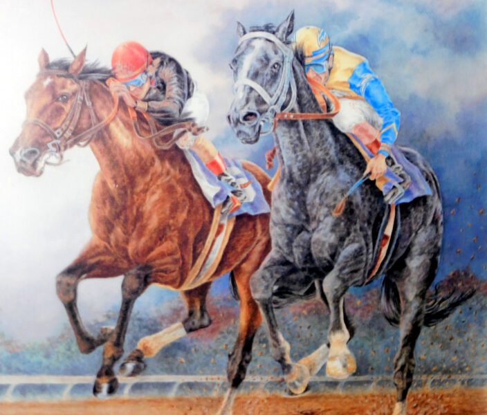 racing horses art, signed and framed selling at auction